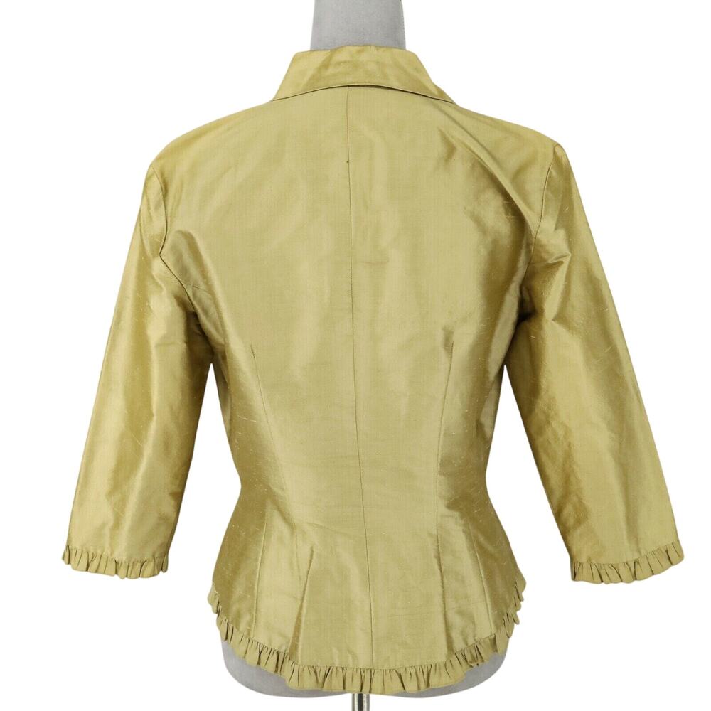 Cache Jacket Womens 8 All Silk Green Gold Lined Pleated Trim Lightweight Vintage - Picture 2 of 12